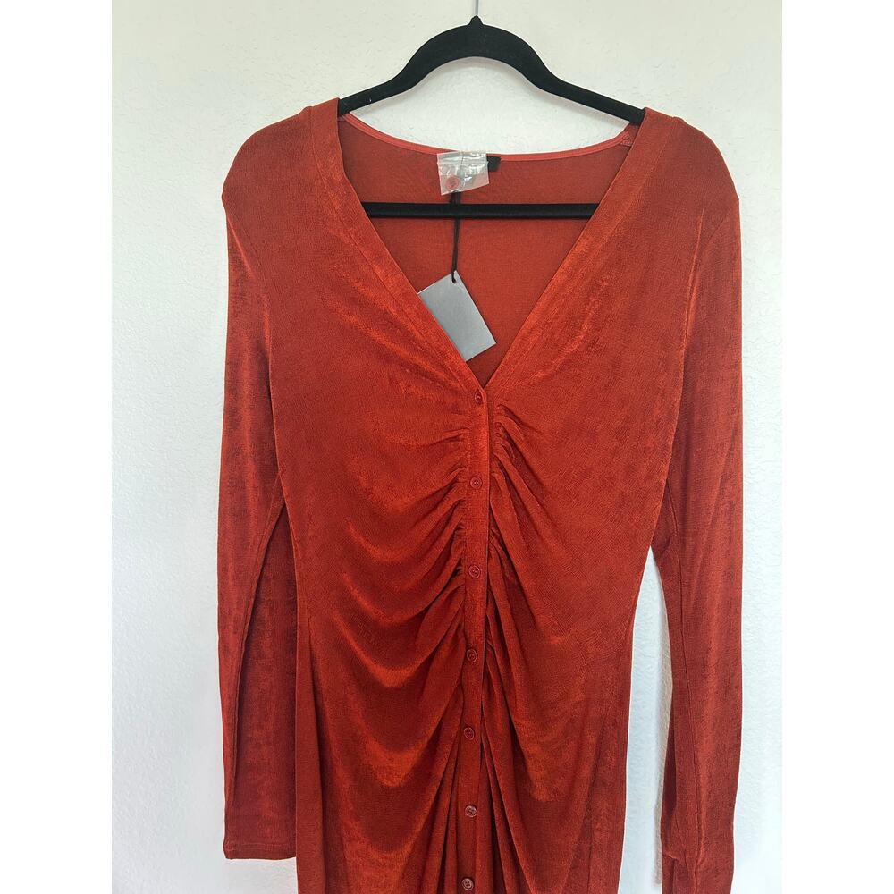 Area Stars Rust Ruched Front Button Down Midi Dress - L - Picture 2 of 5
